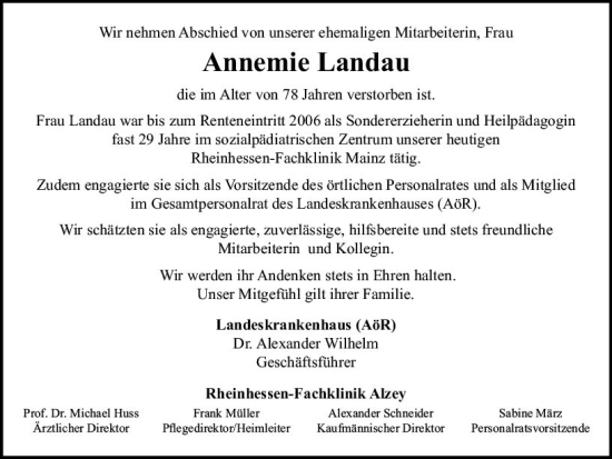 Traueranzeige von Annemie Landau von vrm-trauer AZ Mainz