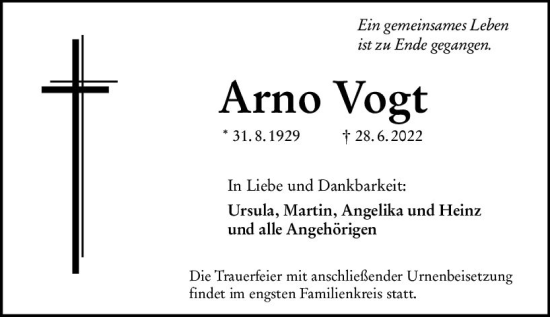 Traueranzeige von Arno Vogt von vrm-trauer AZ Mainz