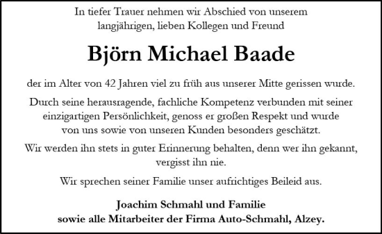 Traueranzeige von Björn Michael Baade von vrm-trauer Allgemeine Zeitung Alzey