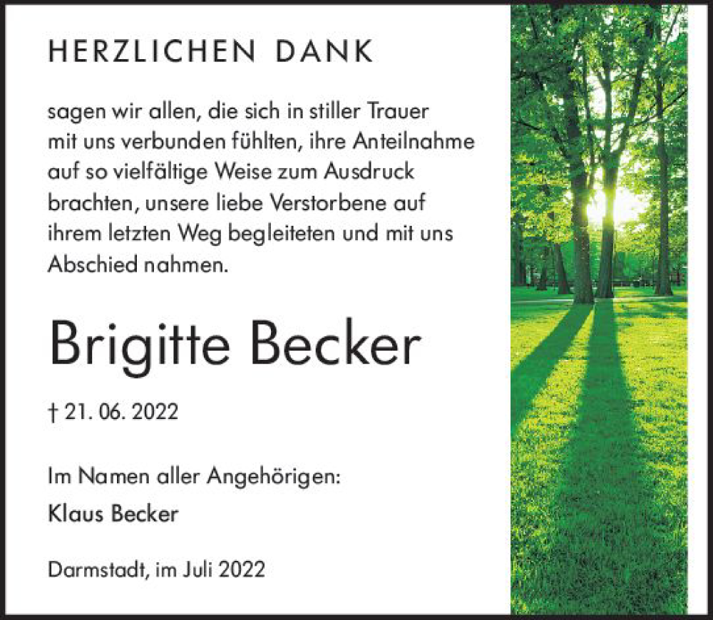  Traueranzeige für Brigitte Becker vom 16.07.2022 aus vrm-trauer Darmstädter Echo