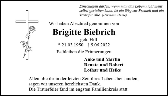 Traueranzeige von Brigitte Biebrich von vrm-trauer AZ Mainz