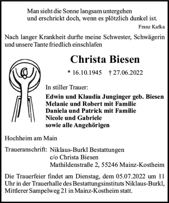 Traueranzeige von Christa Biesen von vrm-trauer Hochheimer Zeitung
