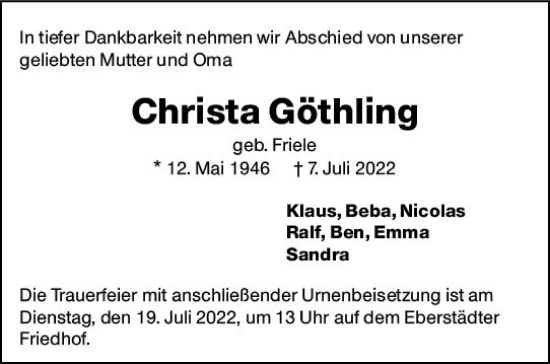 Traueranzeige von Christa Göthling von vrm-trauer Darmstädter Echo