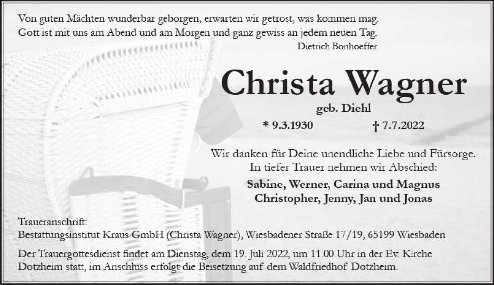  Traueranzeige für Christa Wagner vom 16.07.2022 aus vrm-trauer Wiesbadener Kurier