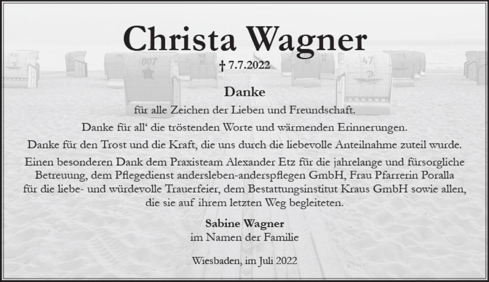  Traueranzeige für Christa Wagner vom 30.07.2022 aus vrm-trauer Wiesbadener Kurier
