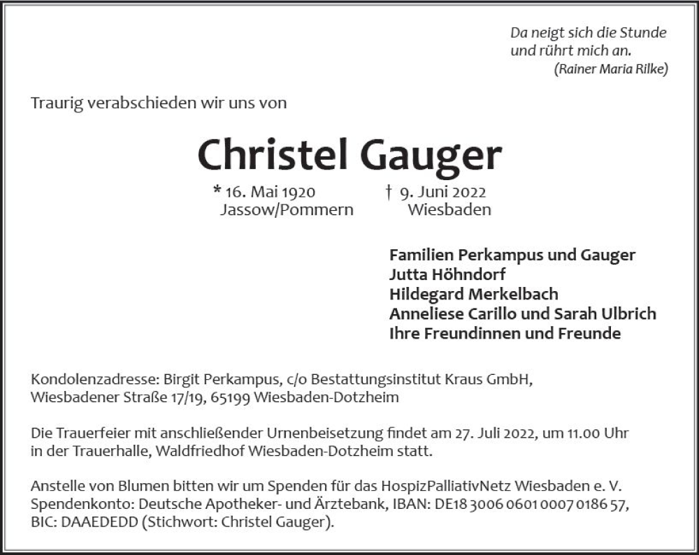  Traueranzeige für Christel Gauger vom 16.07.2022 aus vrm-trauer Wiesbadener Kurier