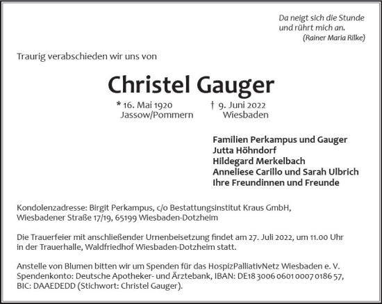 Traueranzeige von Christel Gauger von vrm-trauer Wiesbadener Kurier