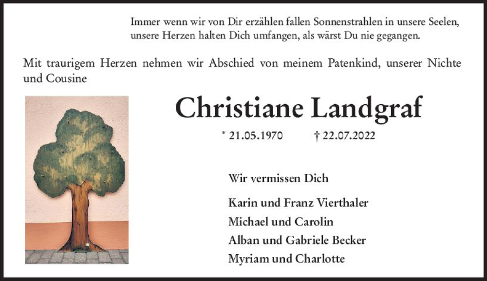  Traueranzeige für Christiane Landgraf vom 30.07.2022 aus vrm-trauer AZ Mainz