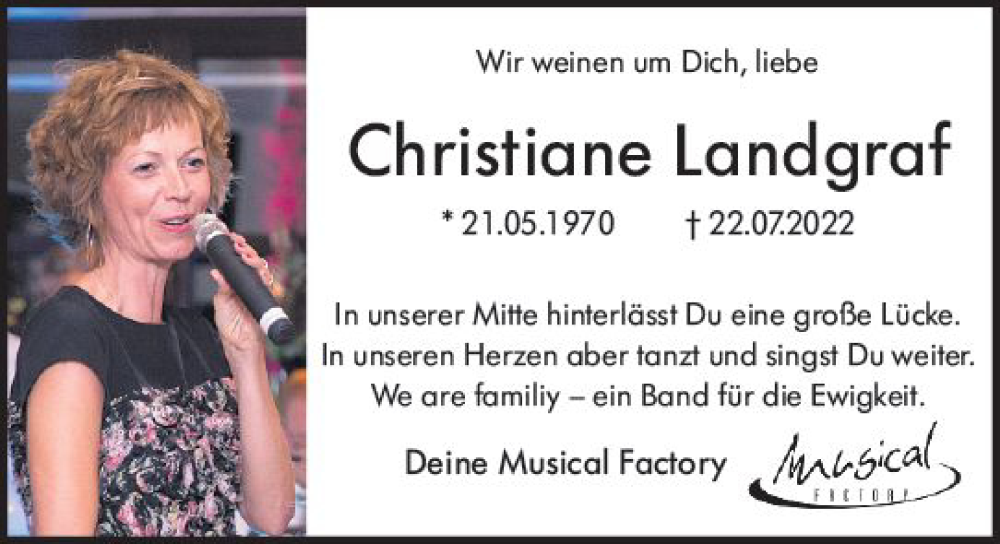  Traueranzeige für Christiane Landgraf vom 30.07.2022 aus vrm-trauer AZ Mainz