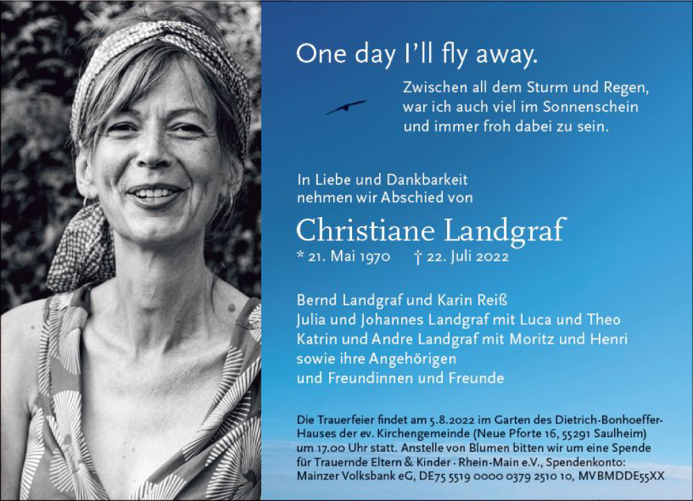  Traueranzeige für Christiane Landgraf vom 30.07.2022 aus vrm-trauer Allgemeine Zeitung Alzey