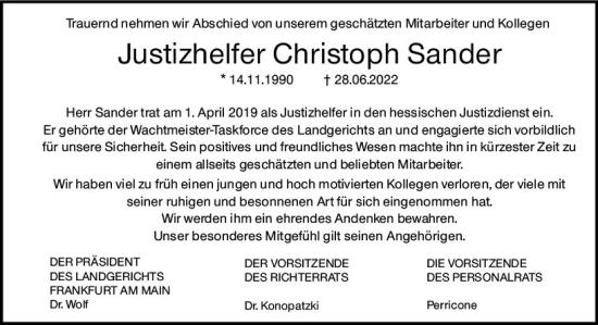 Traueranzeige von Christoph Sander von vrm-trauer Wiesbadener Kurier