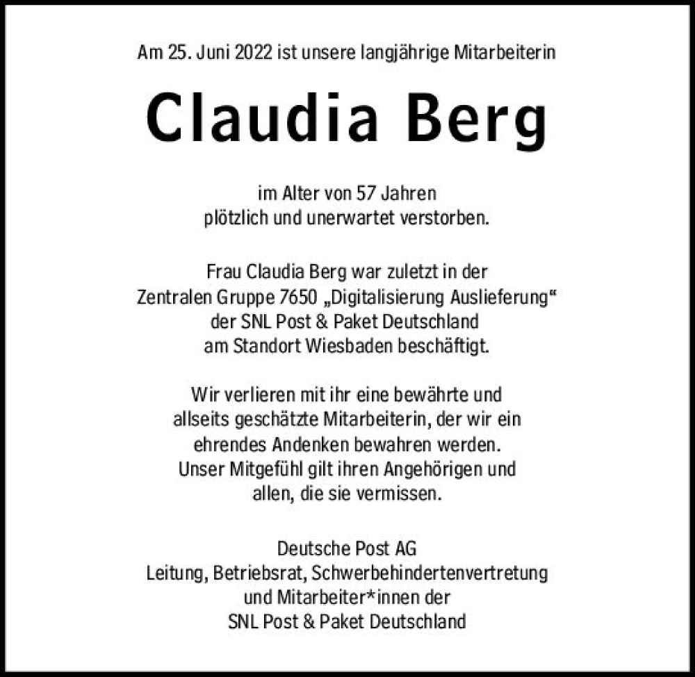  Traueranzeige für Claudia Berg vom 16.07.2022 aus vrm-trauer Wiesbadener Kurier