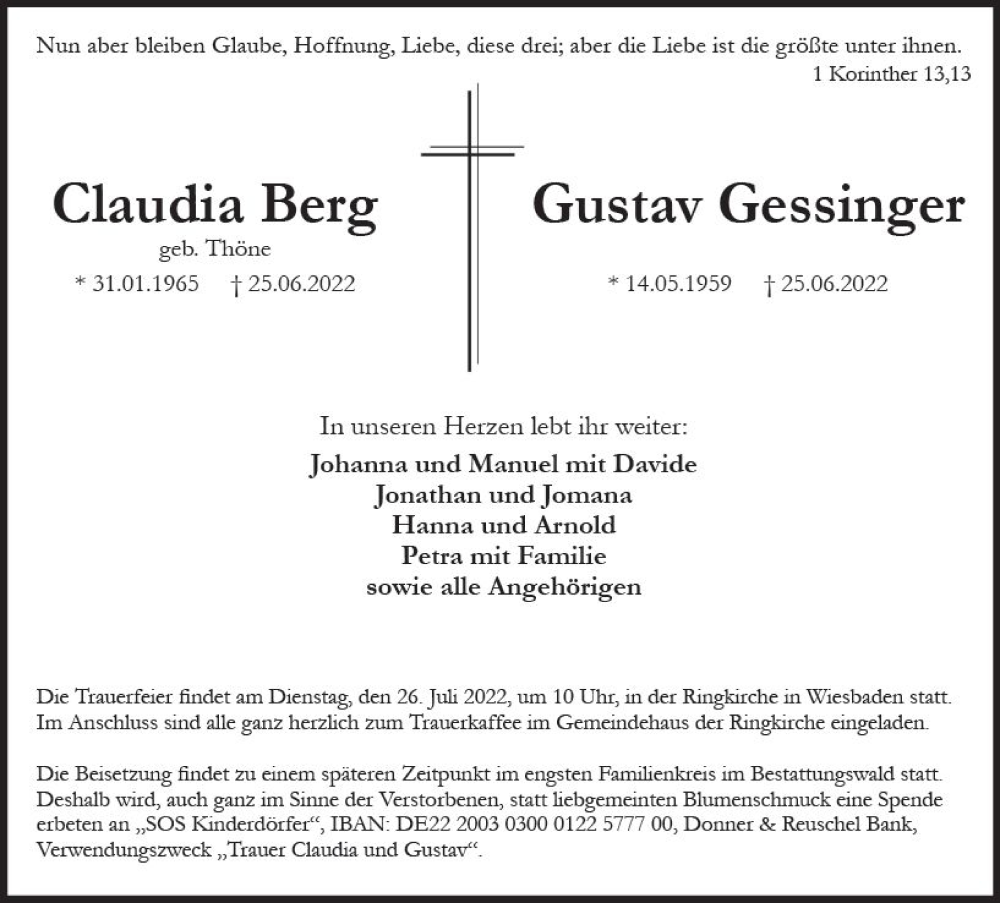  Traueranzeige für Claudia Berg vom 16.07.2022 aus vrm-trauer Wiesbadener Kurier