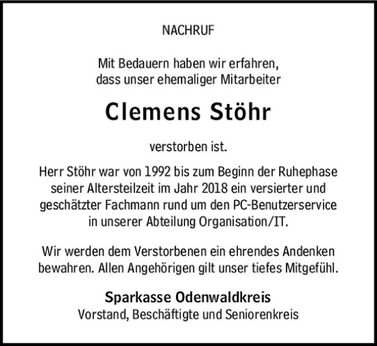 Traueranzeige von Clemens Stöhr von vrm-trauer Odenwälder Echo