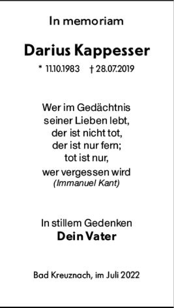  Traueranzeige für Darius Kappesser vom 28.07.2022 aus vrm-trauer Allgemeine  Zeitung Ingelheim-Bingen