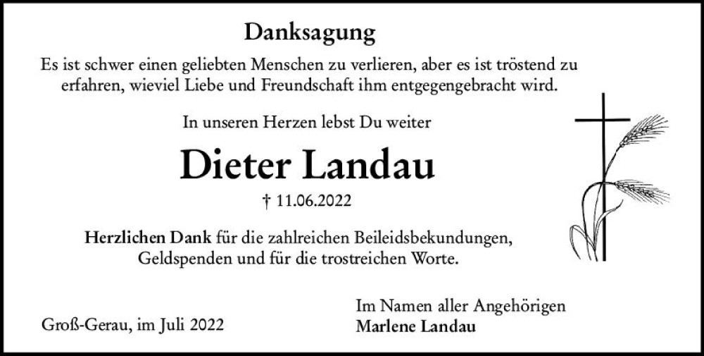  Traueranzeige für Dieter Landau vom 09.07.2022 aus vrm-trauer Groß-Gerauer Echo