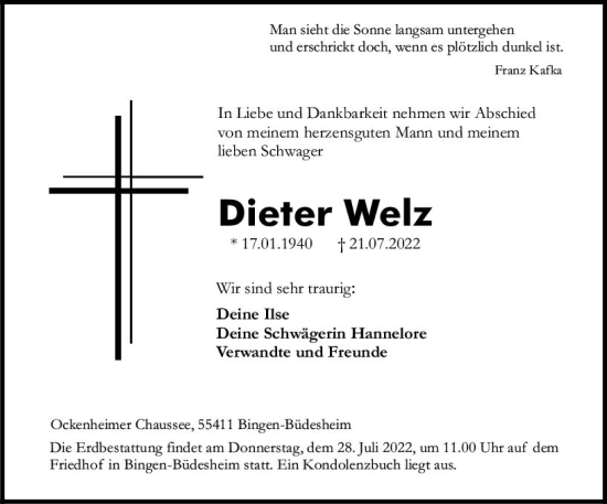Traueranzeige von Dieter Welz von vrm-trauer Allgemeine  Zeitung Ingelheim-Bingen