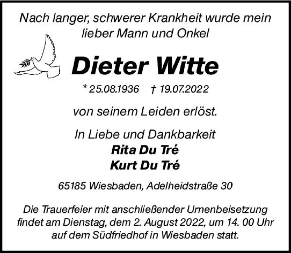  Traueranzeige für Dieter Witte vom 30.07.2022 aus vrm-trauer Wiesbadener Kurier