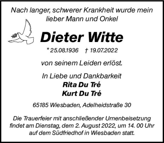 Traueranzeige von Dieter Witte von vrm-trauer Wiesbadener Kurier