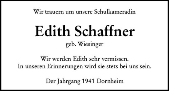 Traueranzeige von Edith Schaffner von vrm-trauer Groß-Gerauer Echo