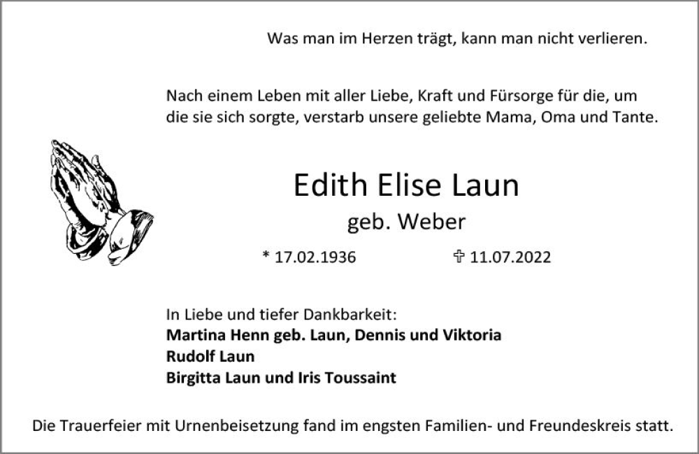  Traueranzeige für Edith Elise Laun vom 30.07.2022 aus vrm-trauer Darmstädter Echo