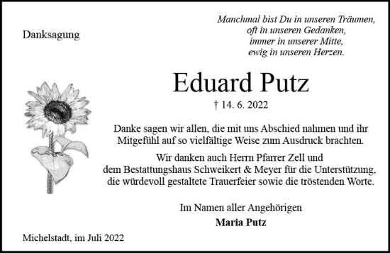 Traueranzeige von Eduard Putz von vrm-trauer Odenwälder Echo