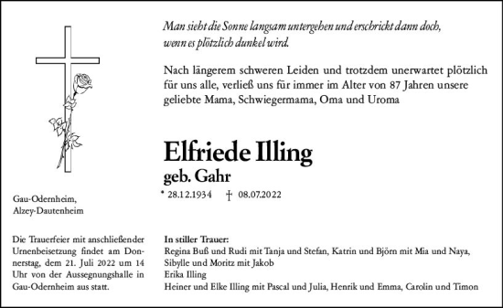 Traueranzeige von Elfriede Illing von vrm-trauer Allgemeine Zeitung Alzey