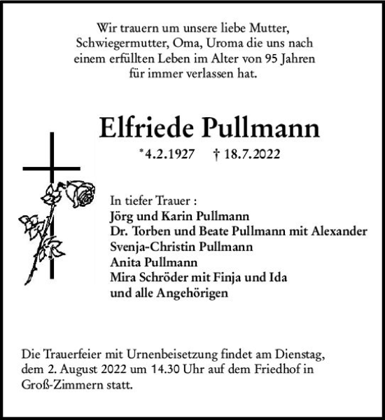 Traueranzeige von Elfriede Pullmann von vrm-trauer DieburgerAnzeiger/Groß-Zimmerner Lokala