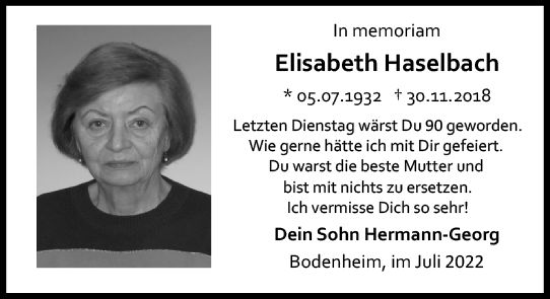 Traueranzeige von Elisabeth Haselbach von vrm-trauer AZ Mainz