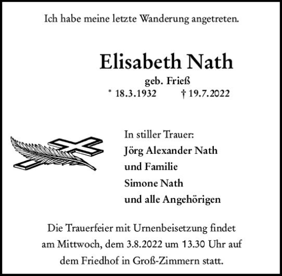 Traueranzeige von Elisabeth Nath von vrm-trauer DieburgerAnzeiger/Groß-Zimmerner Lokala