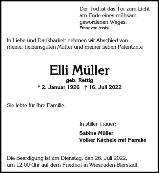Traueranzeige von Elli Müller von vrm-trauer Wiesbadener Kurier