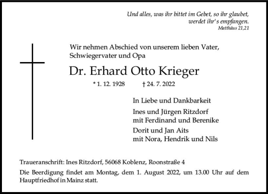 Traueranzeige von Erhard Otto Krieger von vrm-trauer AZ Mainz