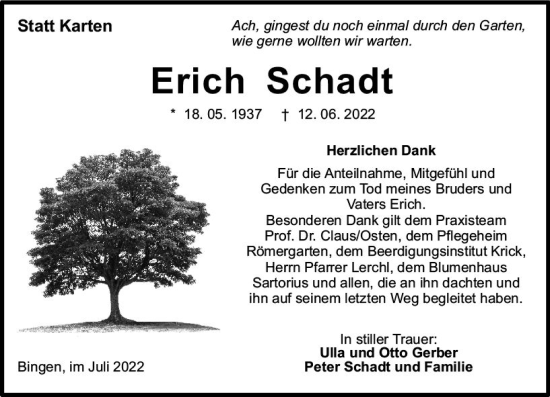 Traueranzeige von Erich Schadt von vrm-trauer Allgemeine  Zeitung Ingelheim-Bingen