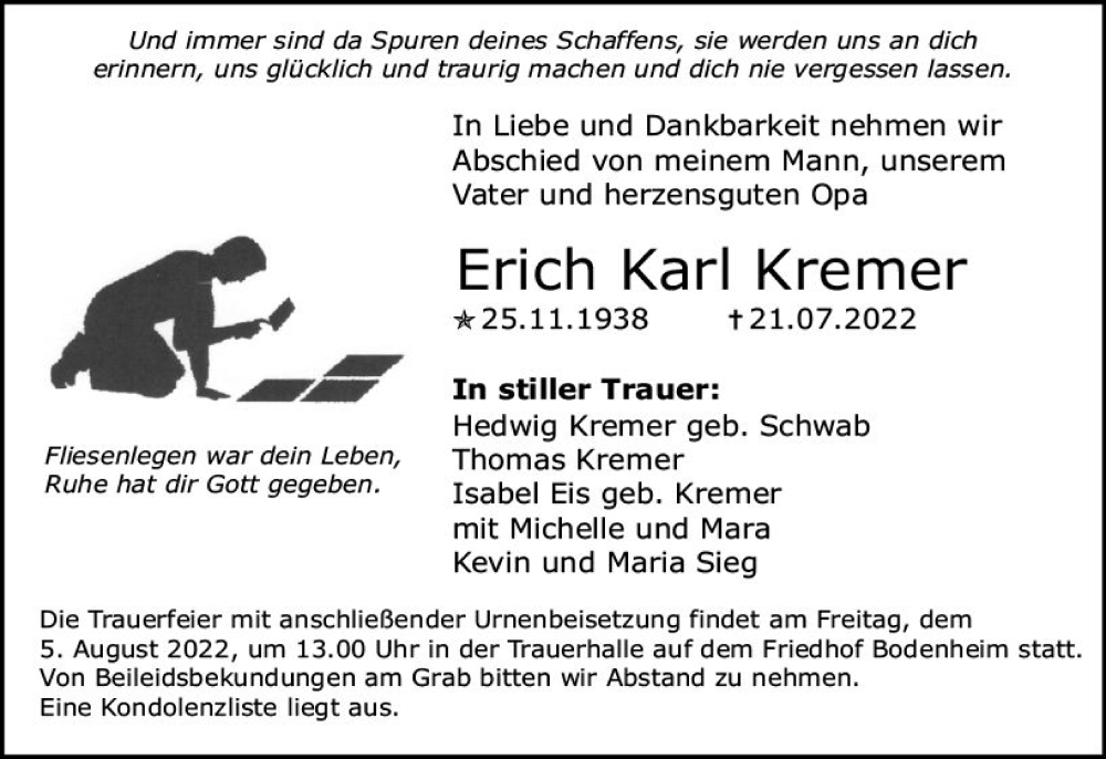  Traueranzeige für Erich Karl Kremer vom 30.07.2022 aus vrm-trauer AZ Mainz