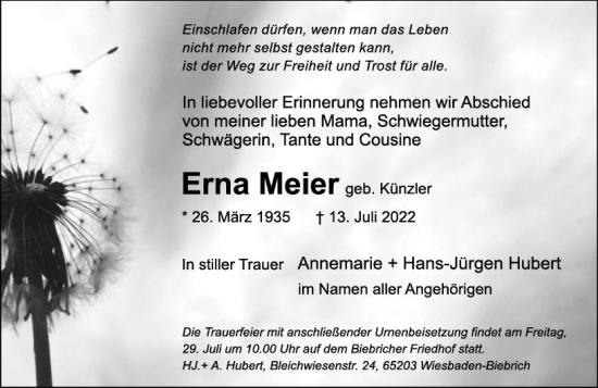 Traueranzeige von Erna Meier von vrm-trauer Wiesbadener Kurier