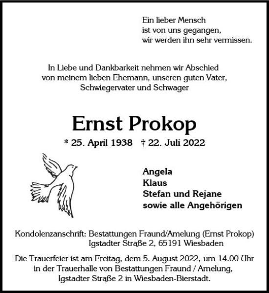 Traueranzeige von Ernst Prokop von vrm-trauer Wiesbadener Kurier