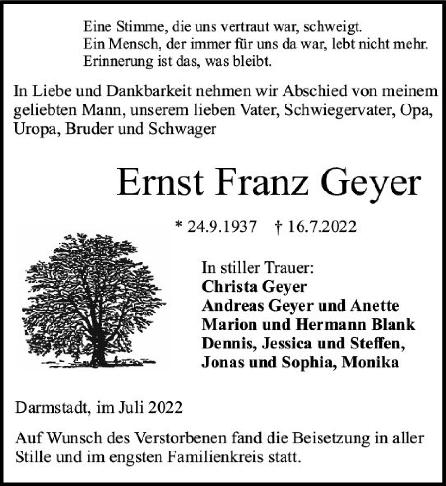  Traueranzeige für Ernst Franz Geyer vom 30.07.2022 aus vrm-trauer Darmstädter Echo