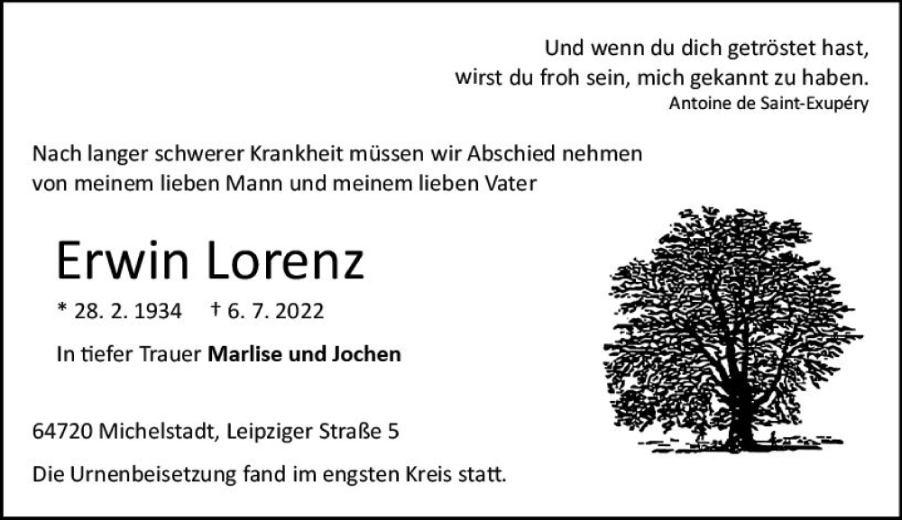  Traueranzeige für Erwin Lorenz vom 23.07.2022 aus vrm-trauer Odenwälder Echo