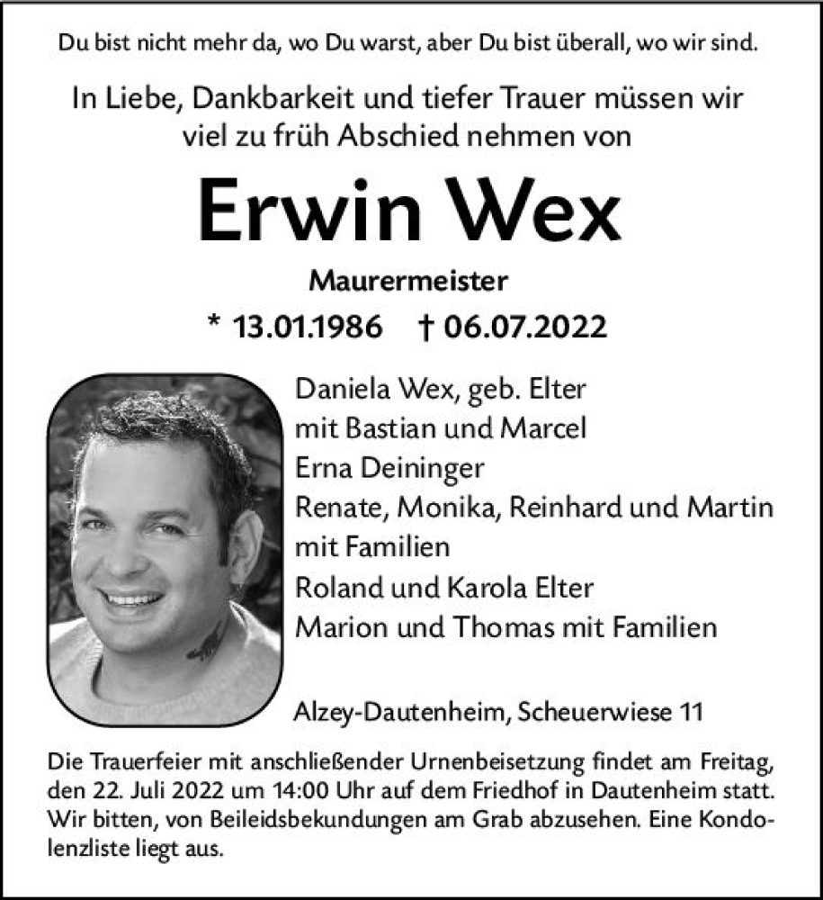 Traueranzeige für Erwin Wex vom 16.07.2022 aus vrm-trauer Allgemeine Zeitung Alzey