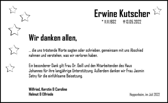 Traueranzeige von Erwine Kutscher von vrm-trauer Bürstädter/Lamperth. Ztg/Starkenburger