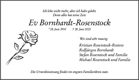 Traueranzeige von Ev Bornhardt-Rosenstock von vrm-trauer Wiesbadener Kurier