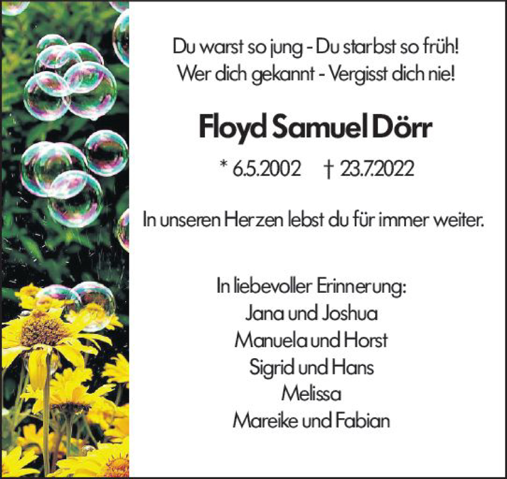  Traueranzeige für Floyd Samuel Dörr vom 30.07.2022 aus vrm-trauer Groß-Gerauer Echo