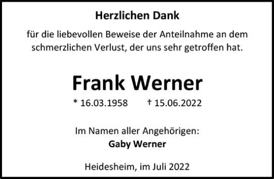 Traueranzeige von Frank Werner von vrm-trauer AZ Mainz