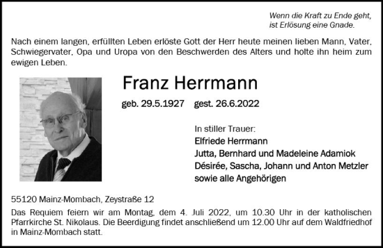 Traueranzeige von Franz Herrmann von vrm-trauer AZ Mainz