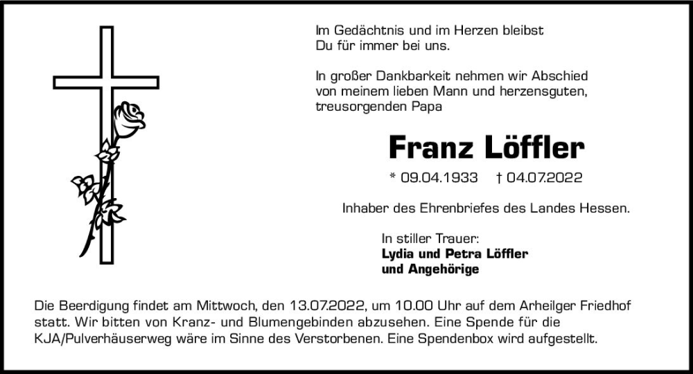  Traueranzeige für Franz Löffler vom 09.07.2022 aus vrm-trauer Darmstädter Echo