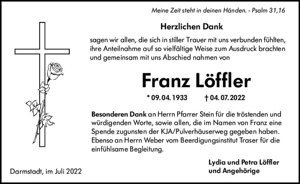  Traueranzeige für Franz Löffler vom 23.07.2022 aus vrm-trauer Darmstädter Echo