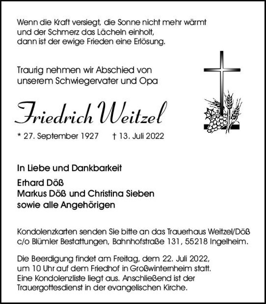  Traueranzeige für Friedrich Weitzel vom 16.07.2022 aus vrm-trauer Allgemeine  Zeitung Ingelheim-Bingen