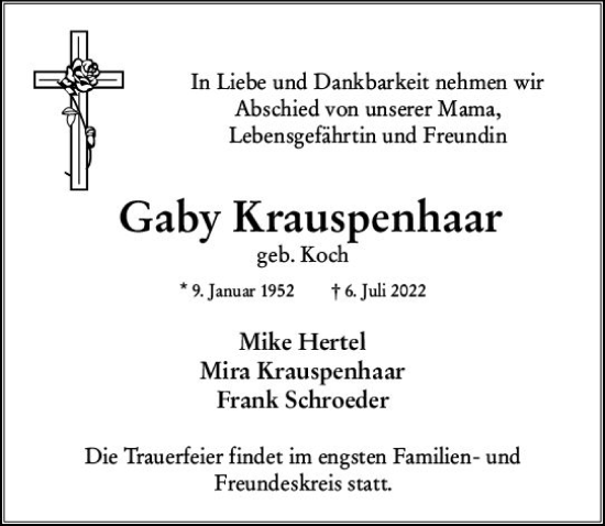 Traueranzeige von Gaby Krauspenhaar von vrm-trauer Wiesbadener Kurier