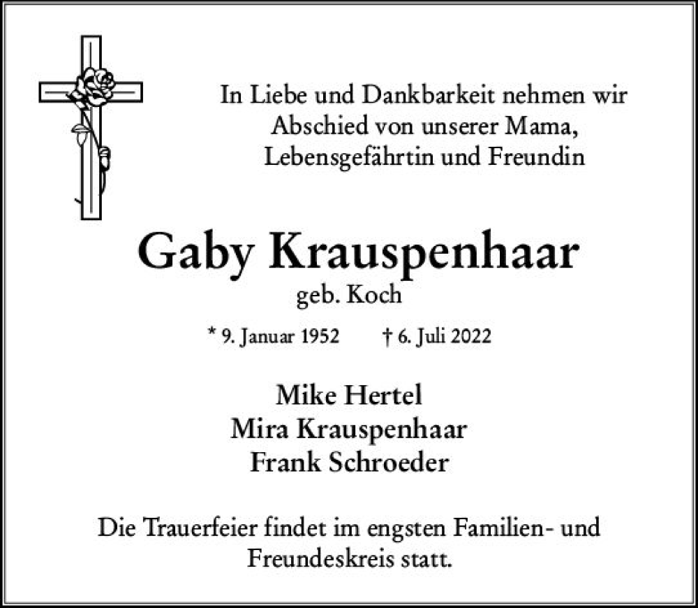  Traueranzeige für Gaby Krauspenhaar vom 16.07.2022 aus vrm-trauer Wiesbadener Kurier