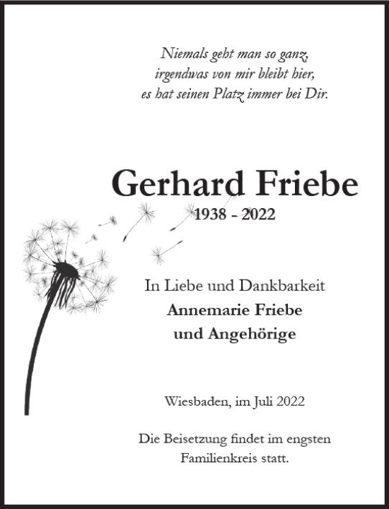 Traueranzeige von Gerhard Friebe von vrm-trauer Wiesbadener Kurier
